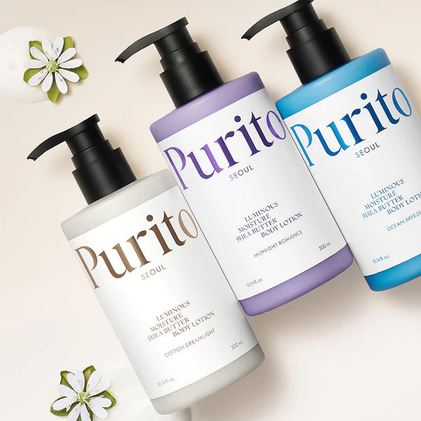 PURITO Seoul Luminous Moisture Shea Butter Body Lotion kūno losjonas (3-jų rūšių)